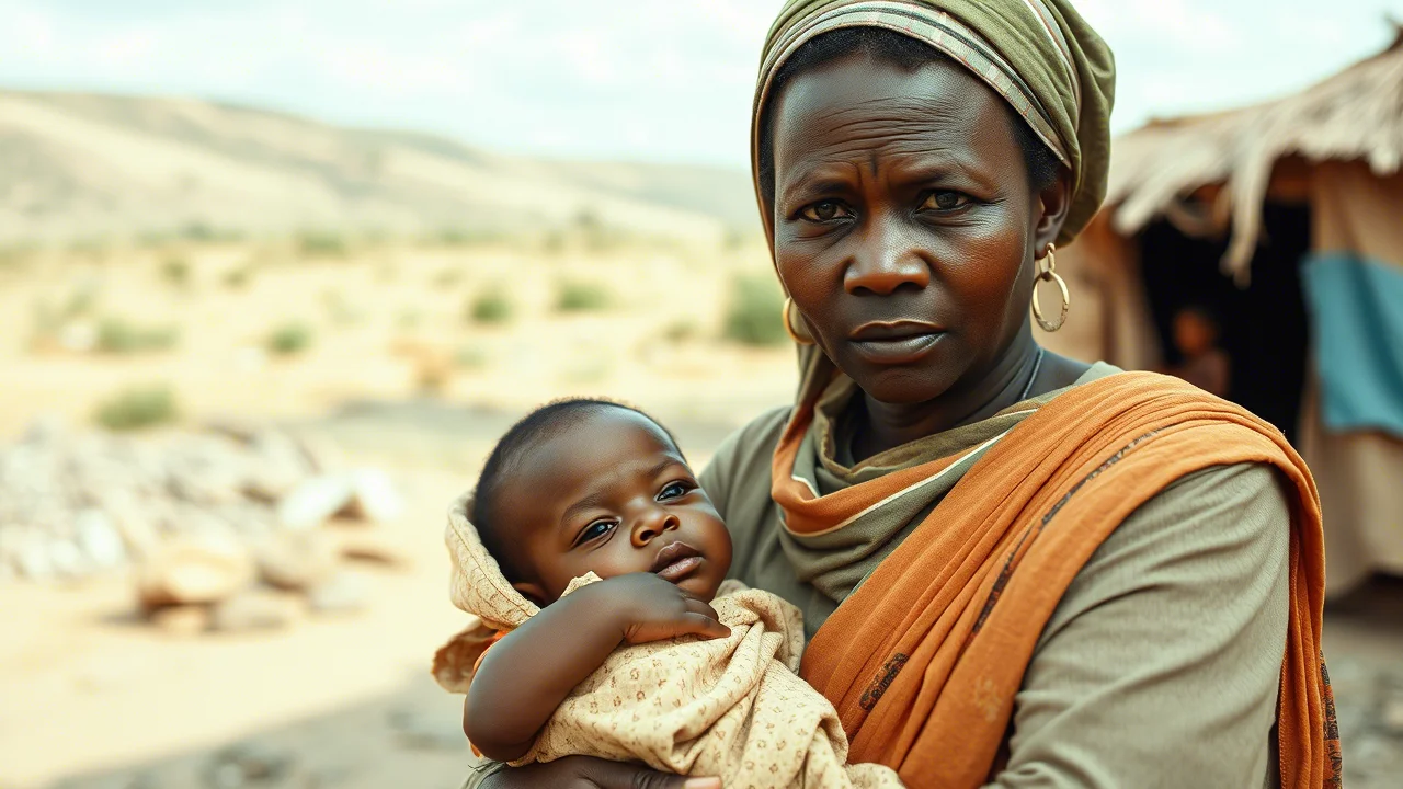 Una madre etiope in un contesto rurale, forse vicino a una semplice abitazione, tiene in braccio il suo bambino. La madre ha un'espressione che mescola preoccupazione e speranza. Lo sfondo mostra un paesaggio arido e pastorale. Fotografia ritrattistica, obiettivo da 35mm, profondità di campo, bicromia (seppia e blu tenue) per trasmettere un senso di serietà e speranza.