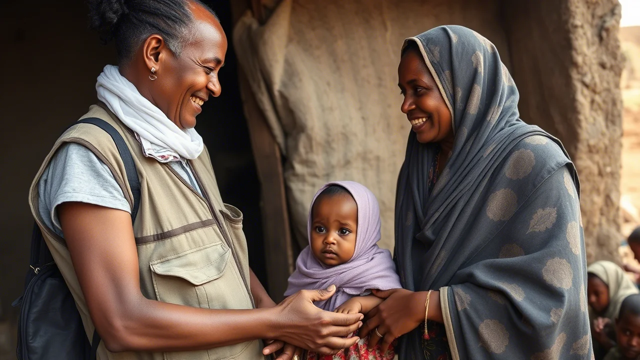 Un operatore sanitario comunitario, riconoscibile da un semplice gilet o borsa, visita una famiglia in un villaggio pastorale etiope. L'operatore interagisce positivamente con una madre e il suo bambino. L'ambiente è umile. Obiettivo tele zoom (es. 100mm) per focalizzare l'interazione, catturando un momento di cura, velocità dell'otturatore elevata per congelare un'espressione genuina.