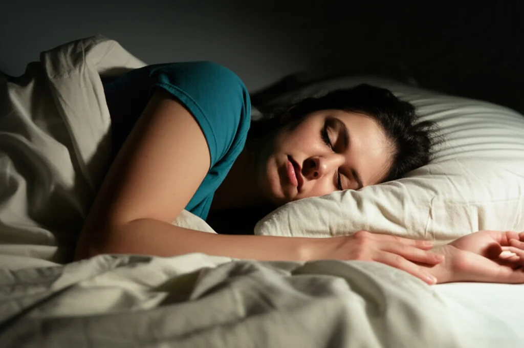 Una persona dall'aspetto sereno dorme profondamente nel suo letto, la stanza è in penombra con una luce soffusa che filtra dalla finestra socchiusa, suggerendo tranquillità e riposo. Macro lens, 60mm, high detail, precise focusing, controlled lighting.