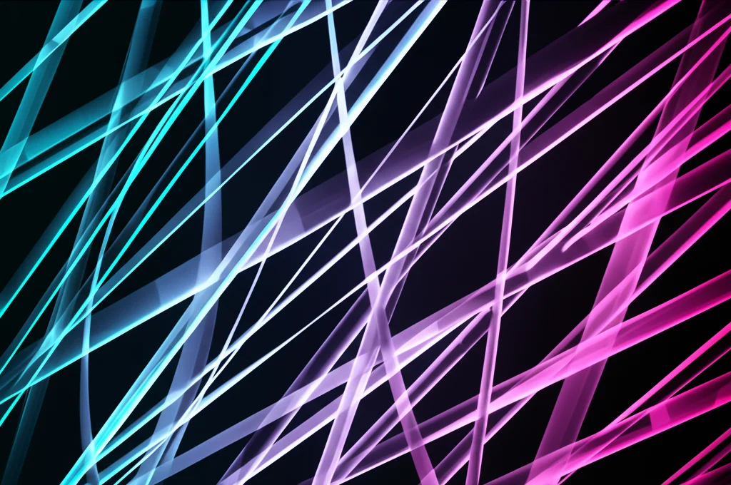 Wide-angle, 20mm, una rete intricata di forme geometriche luminose e interconnesse che fluttuano in uno spazio astratto scuro, rappresentando strutture matematiche complesse e le loro relazioni, lunga esposizione, messa a fuoco nitida, duotone ciano e magenta.