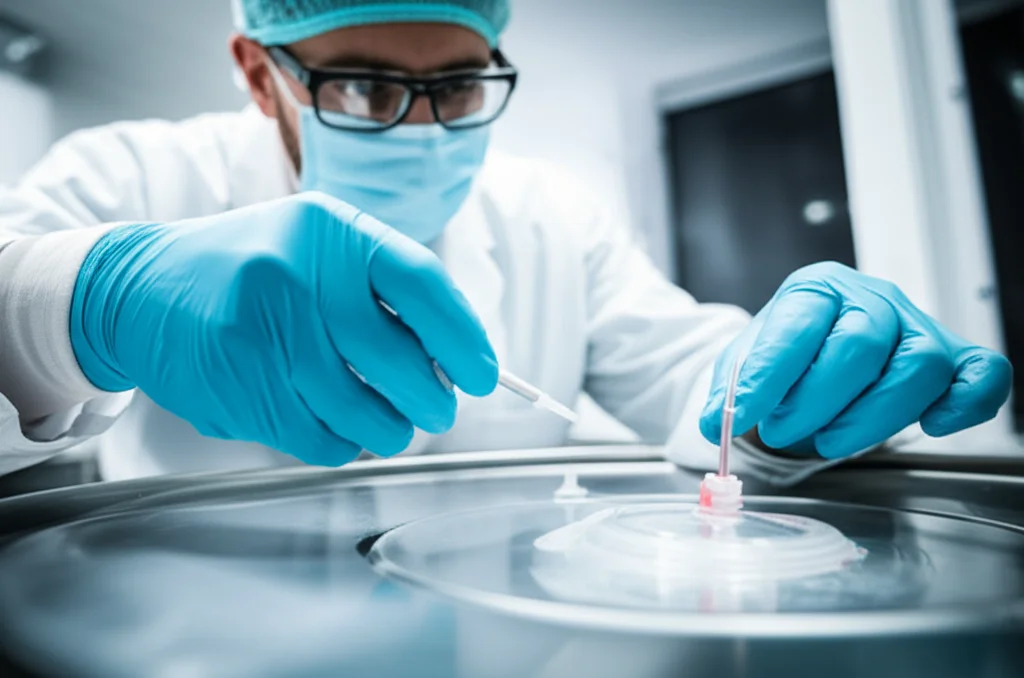Un tecnico di laboratorio in camice bianco e guanti esamina attentamente una punta di cannula ECMO sotto una cappa a flusso laminare. Macro lens, 60mm, high detail, precise focusing, controlled lighting, ambiente di laboratorio sterile sullo sfondo.