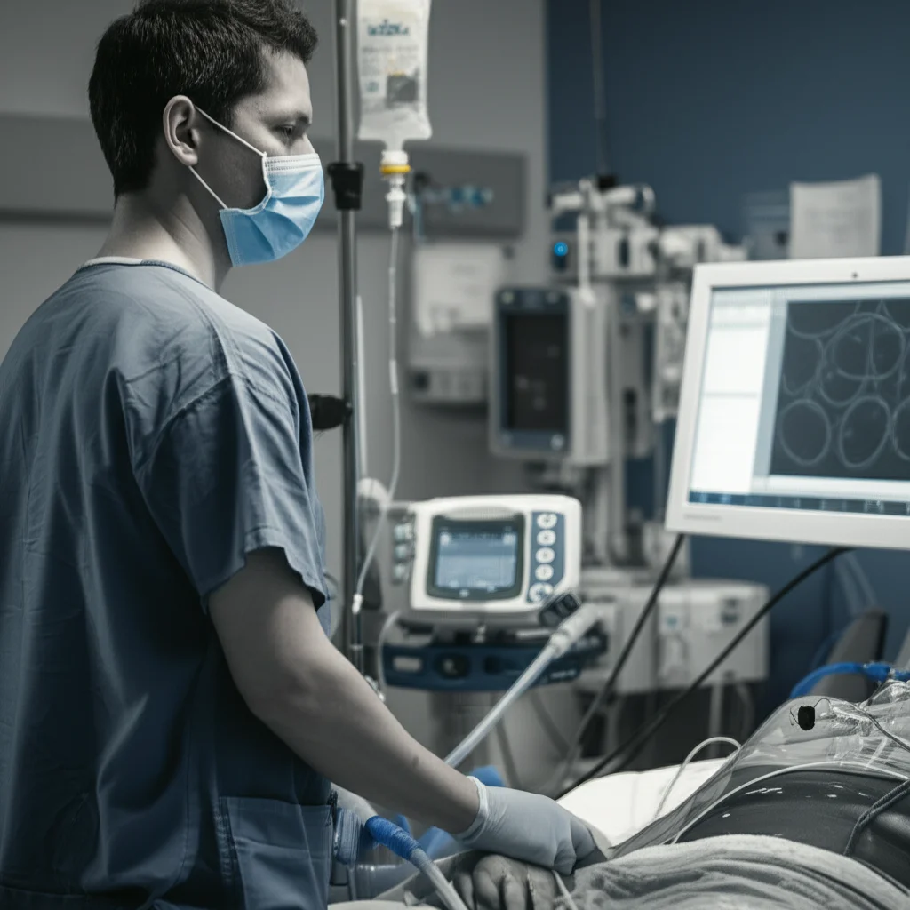 Un medico in terapia intensiva che monitora un paziente attaccato a una macchina ECMO. Luce soffusa della stanza d'ospedale, focus sul medico e sulla macchina. Prime lens, 35mm, depth of field, duotone blu e grigio per un'atmosfera seria ma speranzosa.