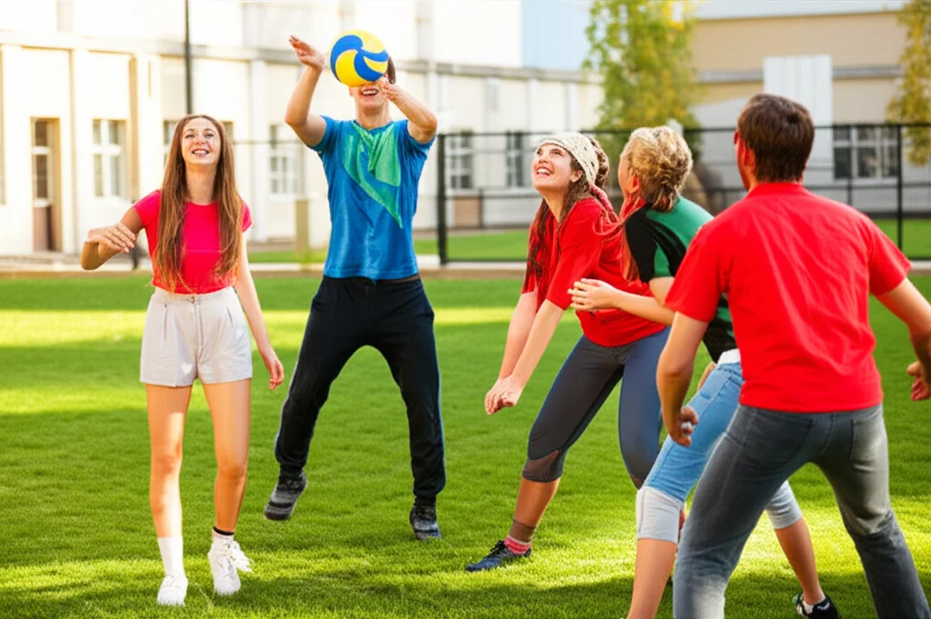 Un gruppo di studenti universitari sorridenti che giocano a pallavolo in un campo all'aperto nel campus, teleobiettivo zoom 100-400mm, fast shutter speed, action or movement tracking, luce solare pomeridiana che crea ombre lunghe, espressioni di gioia e cameratismo.