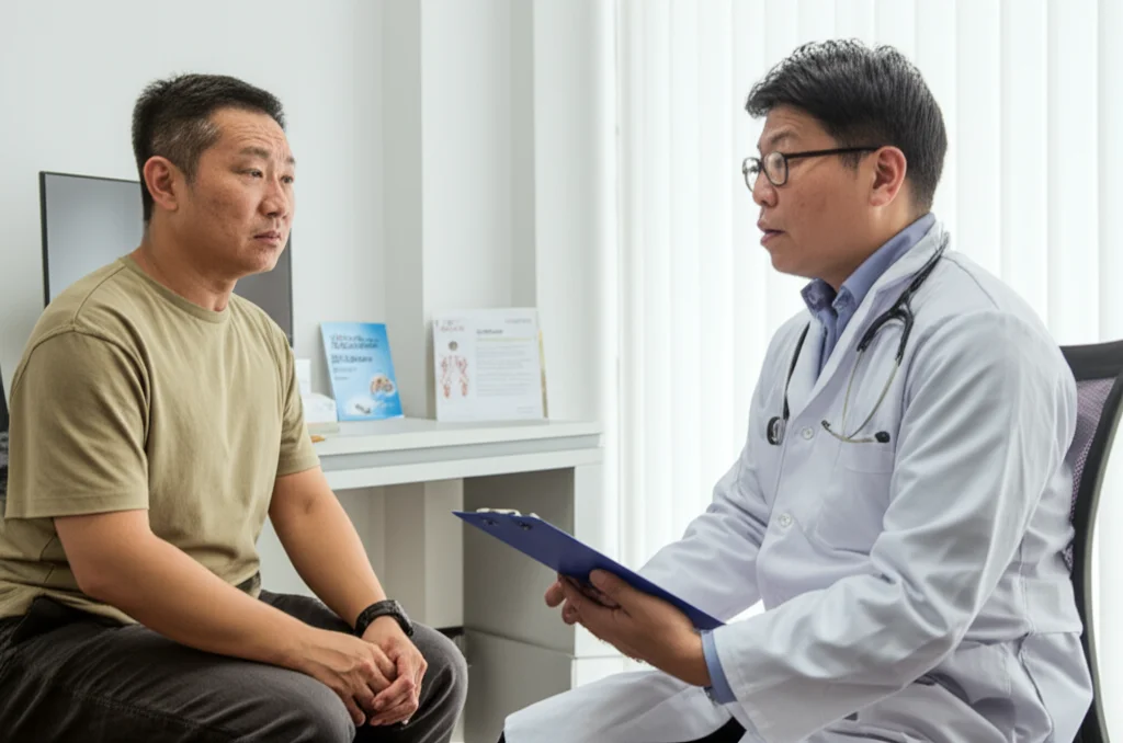 Un medico e un paziente in uno studio medico moderno e accogliente in Giappone. Il paziente sembra leggermente preoccupato o confuso, il medico ascolta attentamente. Sullo sfondo, materiale informativo sull'emicrania. Obiettivo zoom 24-70mm impostato a circa 50mm per un ritratto ambientale, luce naturale dalla finestra, colori caldi e rassicuranti.