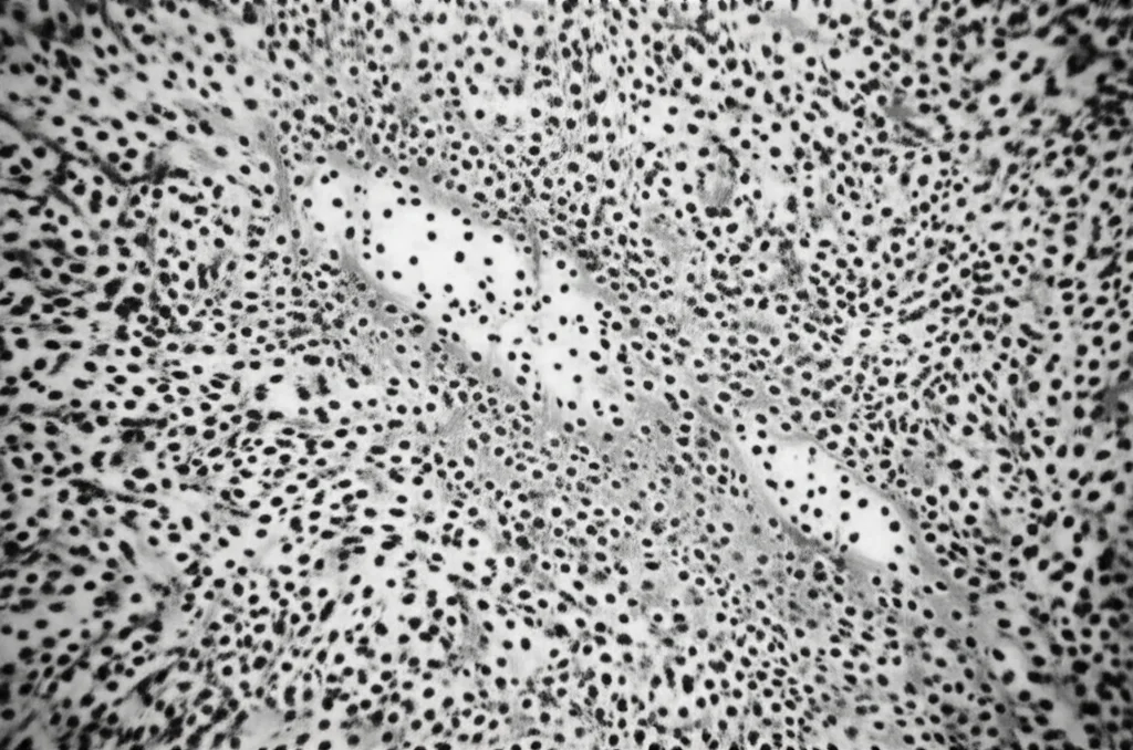 Immagine macro ad alta definizione di cellule tumorali del colon-retto che mostrano resistenza ai farmaci chemioterapici, con un focus sull'enzima NAT1 visibile a livello subcellulare. Illuminazione controllata per evidenziare i dettagli. Obiettivo macro 100mm, Film noir.