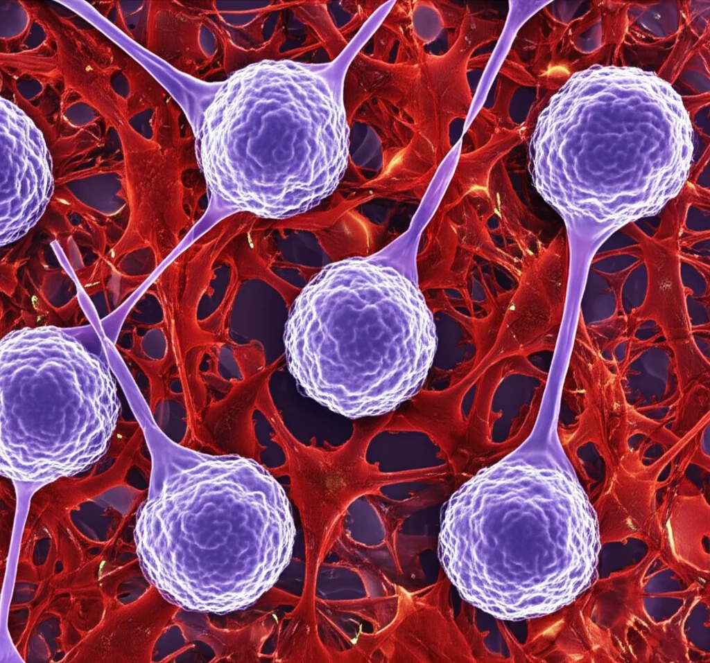 Visualizzazione 3D di cellule staminali cancerose LGR5+ nel microambiente tumorale del colon-retto, con evidenza della riprogrammazione metabolica verso la glicolisi. Dettagli precisi, illuminazione drammatica. Obiettivo macro 90mm, High detail.