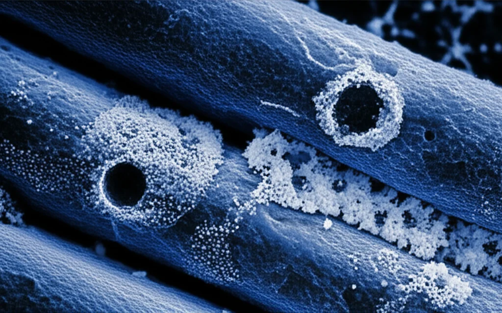 Rappresentazione fotorealistica dell'interazione tra cellule tumorali del colon-retto (esprimenti VEGFA) e cellule endoteliali, con l'effetto dirompente della terapia anti-PD-1 sull'asse VEGFA-VEGFR. Profondità di campo, colori duotone (blu e magenta). Obiettivo prime 35mm, Film noir.