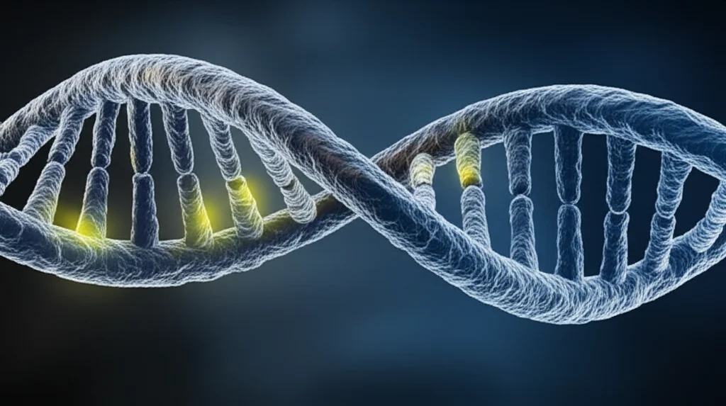 Illustrazione artistica e fotorealistica di un filamento di DNA con 11 punti luminosi che rappresentano i loci genetici identificati. Macro lens, 100mm, high detail, precise focusing, controlled lighting su sfondo scuro per enfatizzare i dettagli.