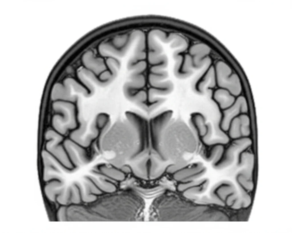 Immagine fotorealistica di un cervello neonatale ottenuta da MRI, con aree come i gangli della base e il cervelletto evidenziate. Still life, macro lens, 60mm, high detail, precise focusing, controlled lighting, a rappresentare le scoperte sull'associazione tra PGS e volume cerebrale.