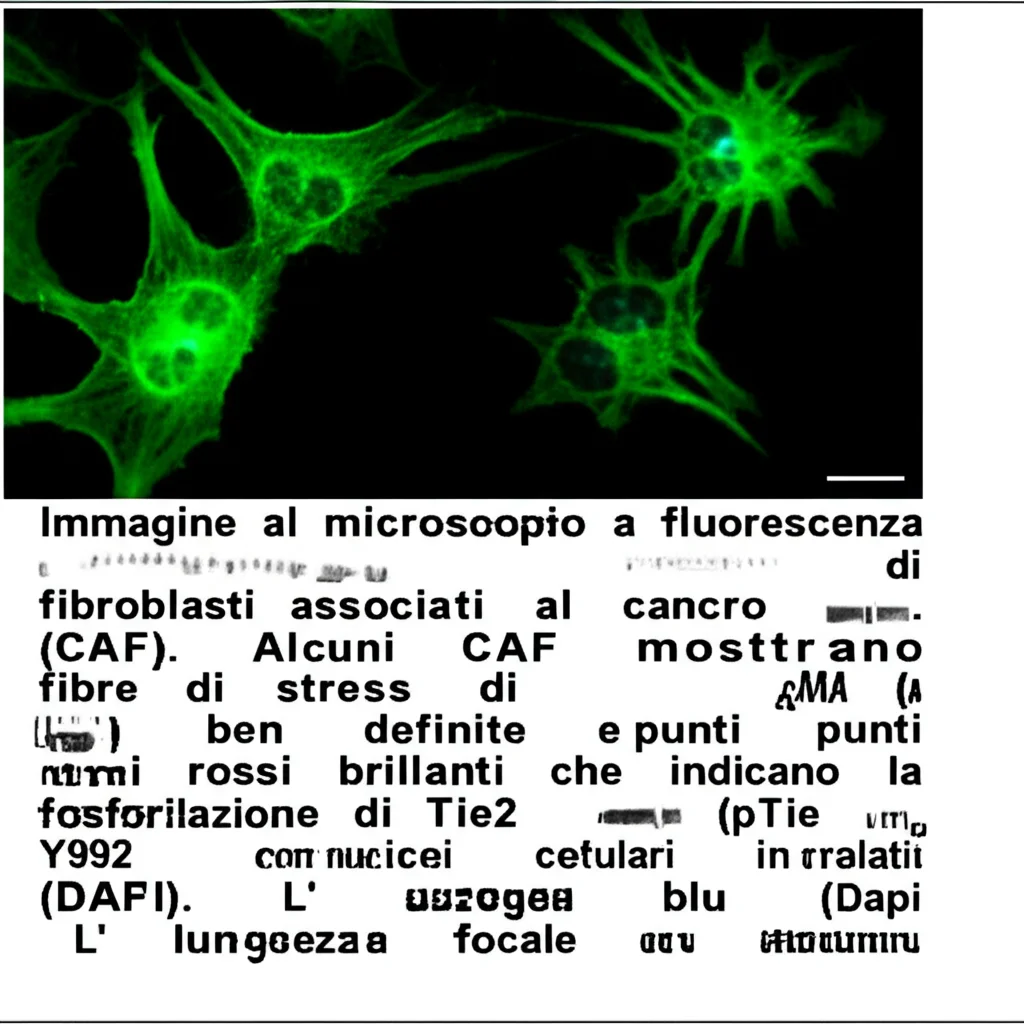 Immagine al microscopio a fluorescenza di fibroblasti associati al cancro (CAF). Alcuni CAF mostrano fibre di stress di αSMA (verdi) ben definite e punti rossi brillanti che indicano la fosforilazione di Tie2 (pTie2 Y992), con nuclei cellulari colorati in blu (DAPI). L'immagine dovrebbe avere un elevato dettaglio e un'illuminazione controllata, tipica della fotografia macro di oggetti biologici, lunghezza focale 60mm.
