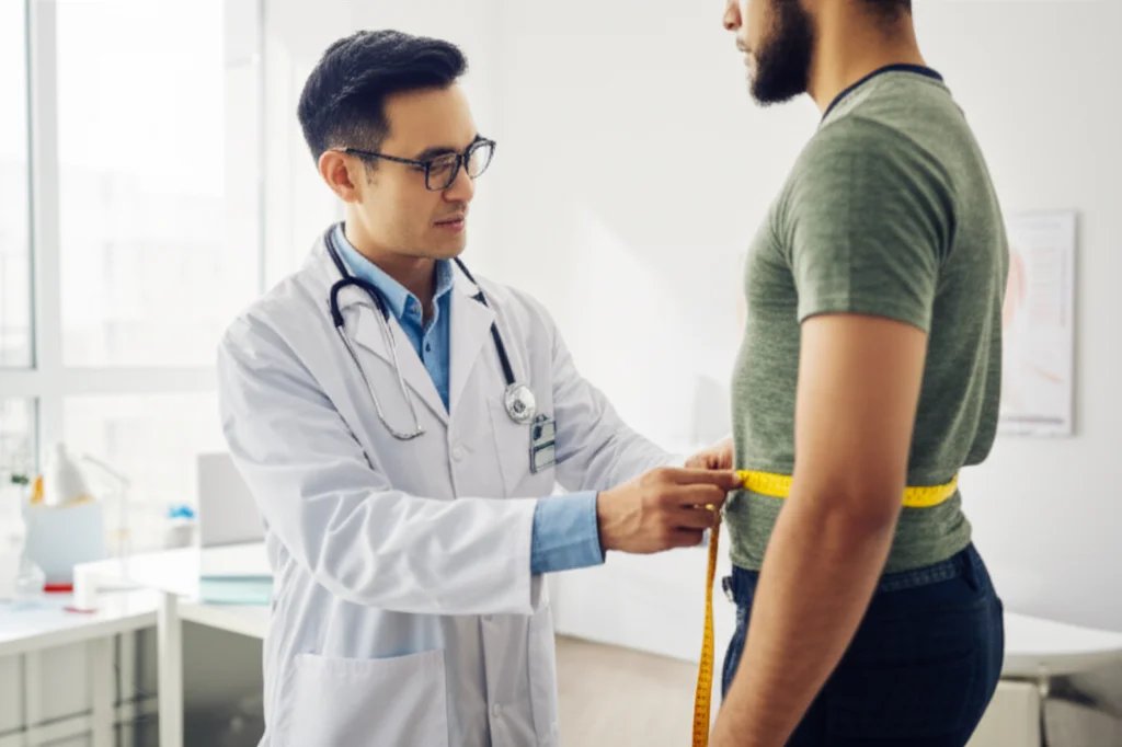 Un medico asiatico che misura la circonferenza vita di un paziente in uno studio medico moderno e luminoso. Prime lens, 35mm, depth of field per mettere a fuoco il medico e il paziente, con strumenti medici visibili sullo sfondo. Luce naturale proveniente da una finestra.