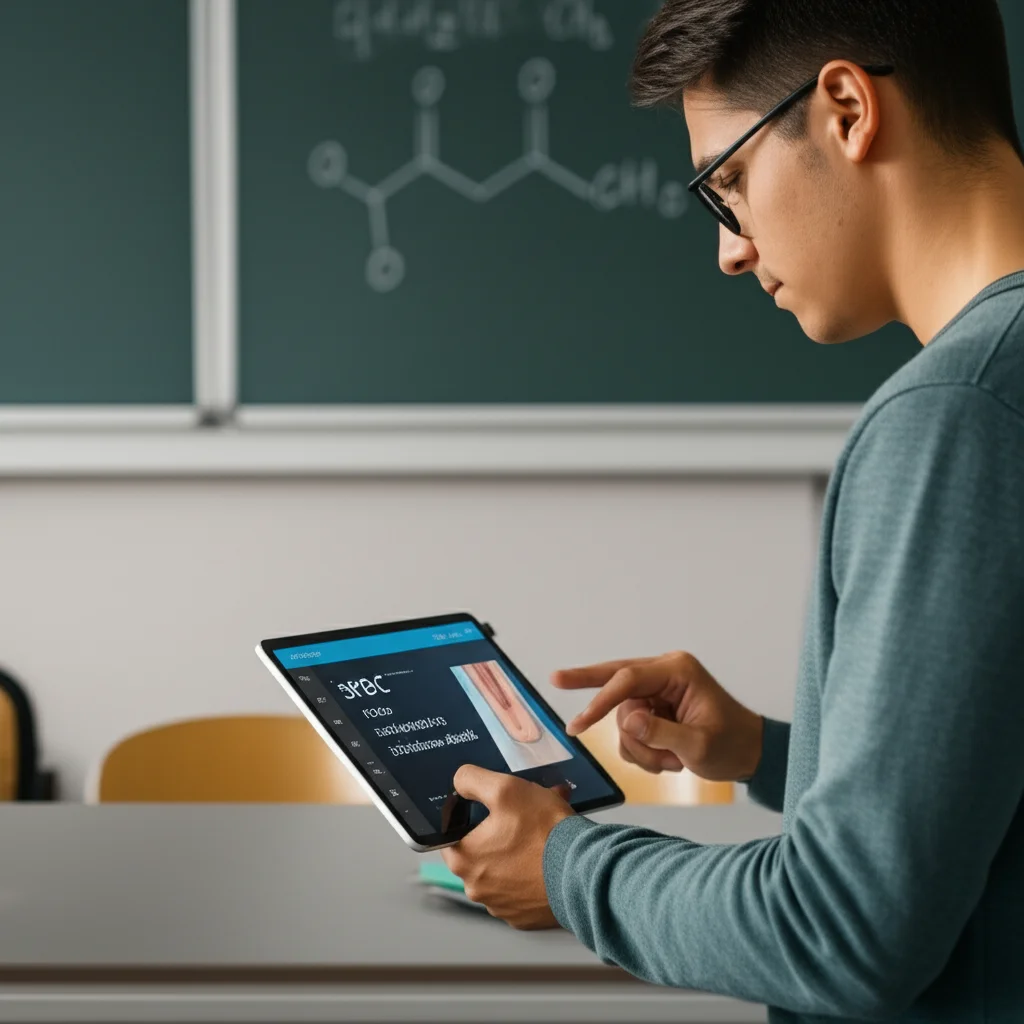 Un'aula universitaria moderna e luminosa, uno studente di odontoiatria in primo piano, attento e concentrato su un tablet che mostra un'interfaccia di un corso SPOC interattivo sull'adesione dentale. Sullo sfondo, sfocata, una lavagna tradizionale con formule chimiche. Luce controllata, obiettivo da 35mm, profondità di campo per mettere a fuoco lo studente e il tablet, stile film noir.