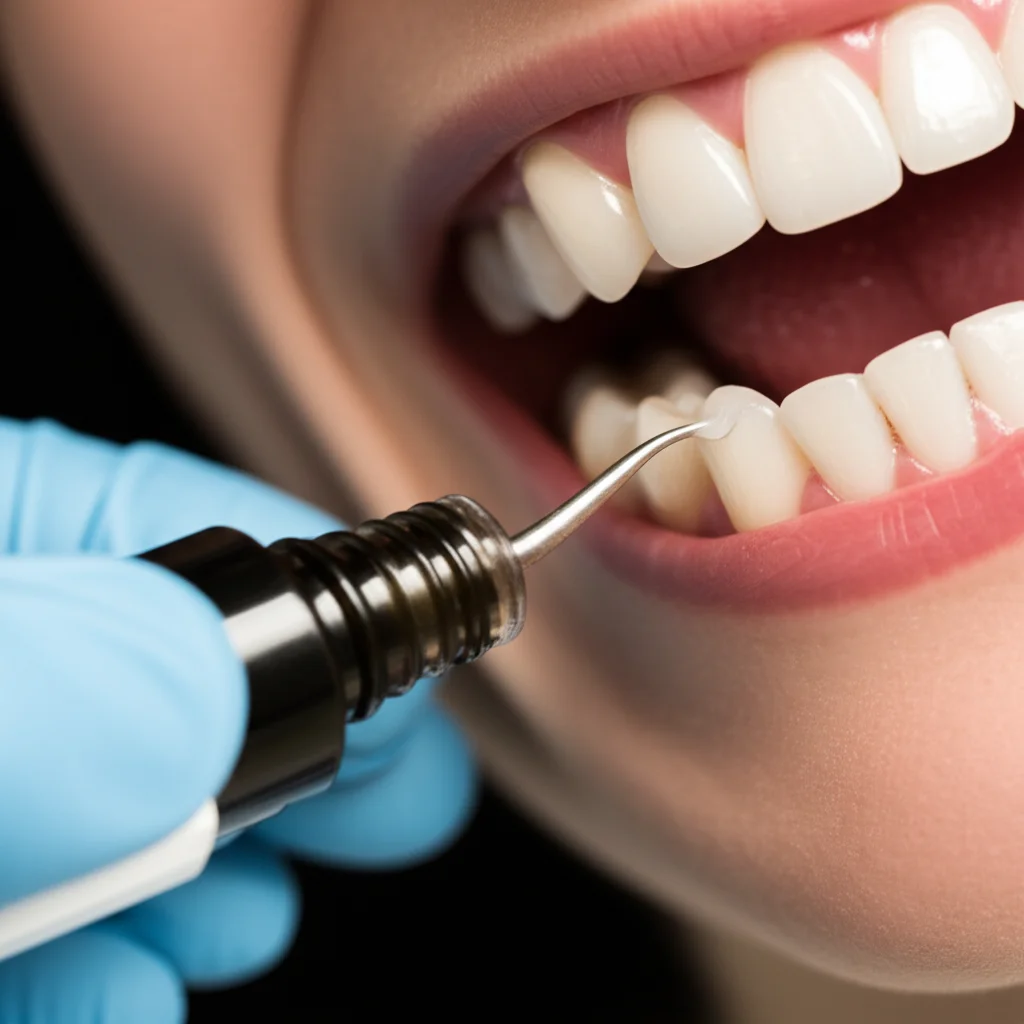 Primo piano macro di un dente molare modello, con un dentista (mani guantate visibili) che applica con precisione un agente adesivo utilizzando strumenti odontoiatrici. Illuminazione da studio dentistico, alta definizione, obiettivo macro da 100mm, messa a fuoco precisa sulla punta dello strumento e sulla superficie del dente, con dettagli minuziosi del materiale adesivo.