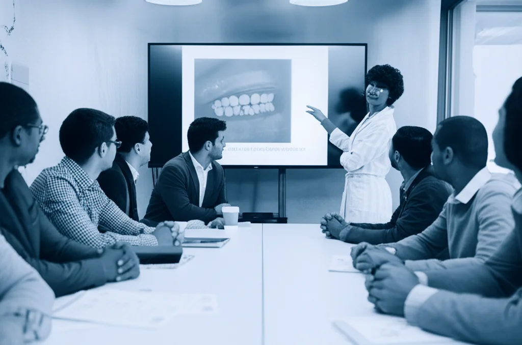 Un gruppo eterogeneo di studenti di odontoiatria, sorridenti e coinvolti, che discutono animatamente attorno a un tavolo in un'aula moderna e ben illuminata. Alcuni indicano uno schermo che mostra un caso clinico complesso sull'adesione dentale. Obiettivo da 24mm per catturare l'interazione del gruppo, luce naturale dalla finestra, atmosfera collaborativa e dinamica, duotone blu e grigio.