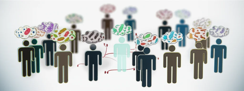 Un'illustrazione concettuale che mostra diversi gruppi di persone stilizzate, ognuna con una nuvola unica di batteri colorati sopra la testa, a simboleggiare la variabilità del microbioma tra studi. Al centro, un algoritmo di machine learning cerca di trovare pattern comuni. Obiettivo prime da 35mm, profondità di campo per mettere a fuoco l'algoritmo, sfondo neutro.