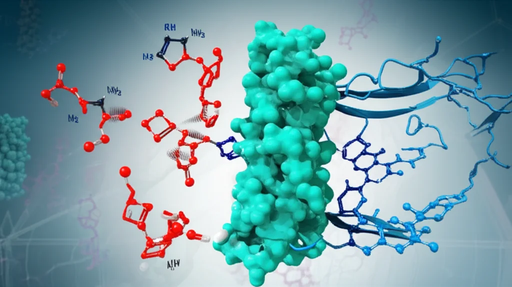 Una visualizzazione 3D di molecole di amminoacidi come triptofano e tirosina che interagiscono con enzimi batterici stilizzati. L'immagine dovrebbe trasmettere l'idea di trasformazione metabolica. Obiettivo macro da 100mm, illuminazione controllata per evidenziare le strutture molecolari, sfondo scientifico astratto.