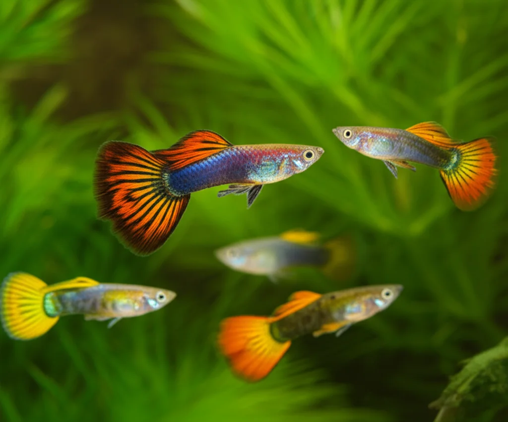 Macro fotografia di un gruppo di guppy colorati (Poecilia reticulata), maschi e femmine, che nuotano tra piante acquatiche verdi in un acquario ben illuminato. Obiettivo macro da 60mm, alta definizione, messa a fuoco precisa sui pesci, illuminazione controllata per esaltare i colori vivaci e i dettagli delle squame. Lo sfondo è leggermente sfocato per enfatizzare i soggetti.