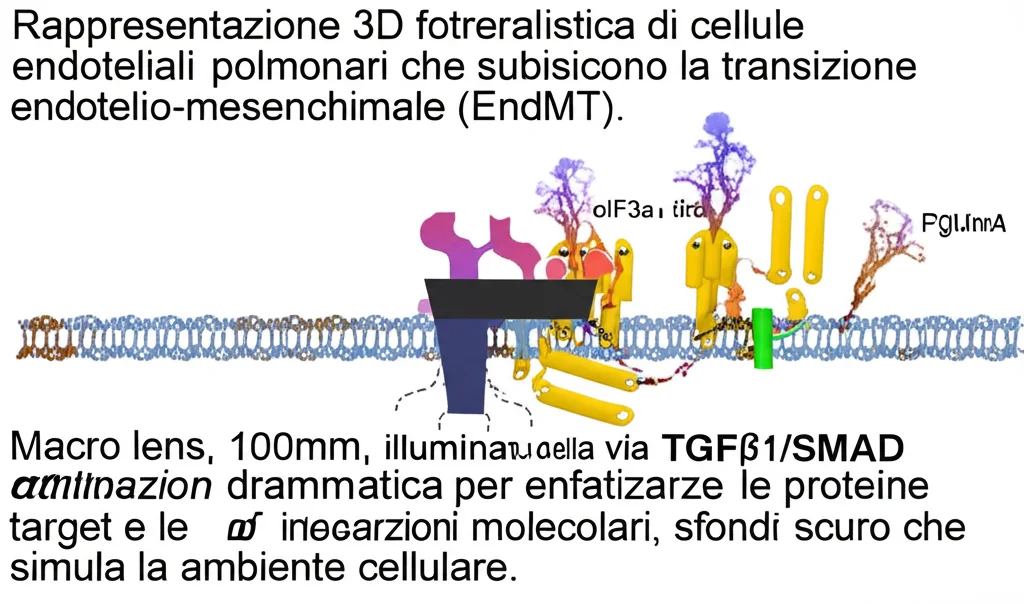 Rappresentazione 3D fotorealistica di cellule endoteliali polmonari che subiscono la transizione endotelio-mesenchimale (EndMT). Si evidenziano la proteina eIF3a e le molecole della via di segnale TGFβ1/SMAD attivate. Macro lens, 100mm, illuminazione drammatica per enfatizzare le proteine target e le interazioni molecolari, sfondo scuro che simula l'ambiente cellulare.