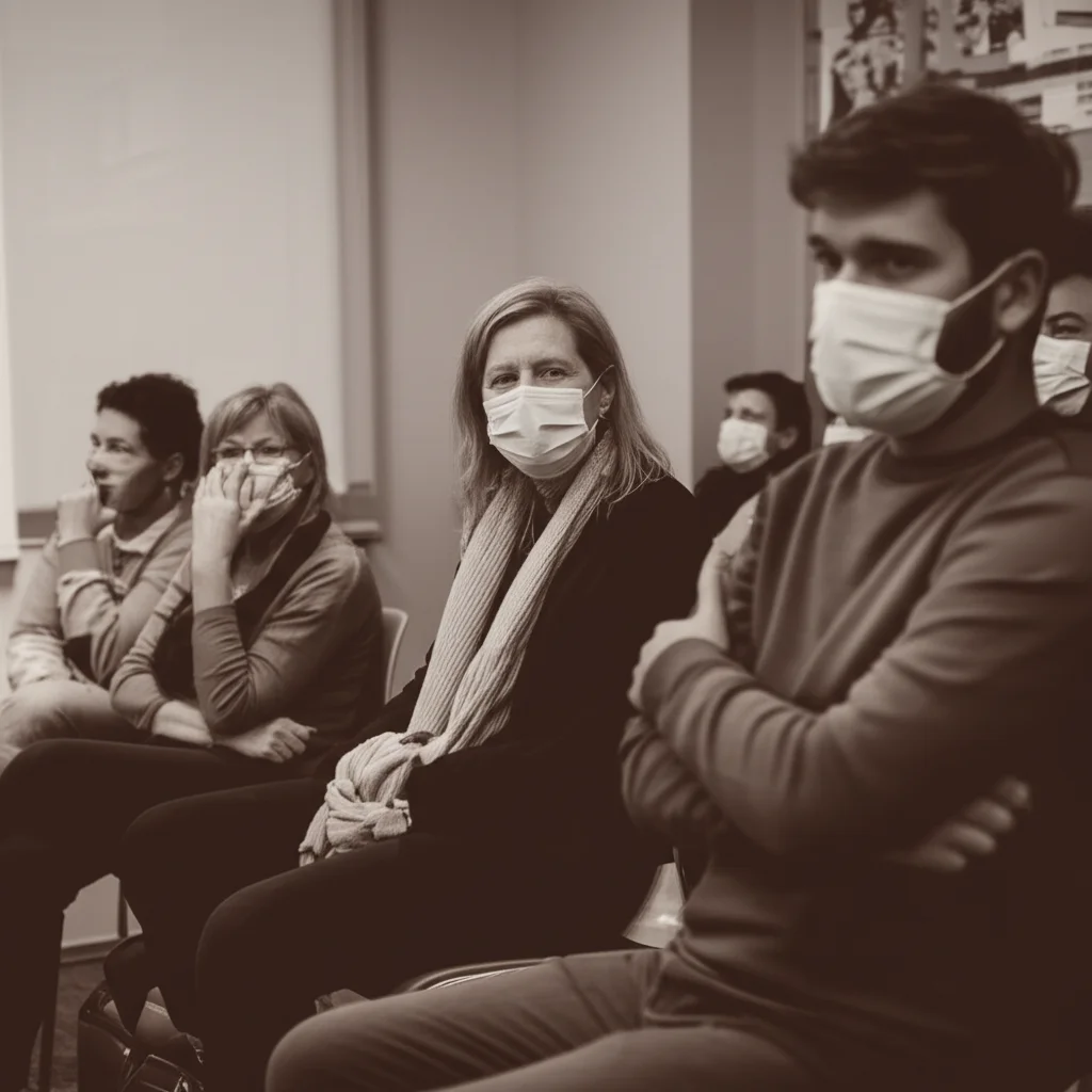 Un gruppo eterogeneo di persone in una sala d'attesa di un centro medico, alcune con mascherina, espressioni pensierose e interrogative, luce soffusa. Prime lens, 35mm, duotone seppia e grigio, profondità di campo.