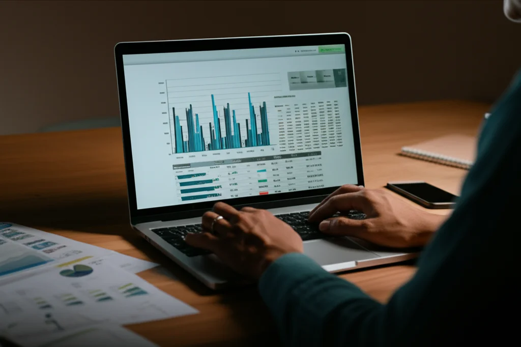 Una persona seduta a una scrivania, illuminata dalla luce di un laptop, con grafici e articoli scientifici visibili sullo schermo, e fogli sparsi con appunti. Macro lens, 60mm, high detail, controlled lighting.