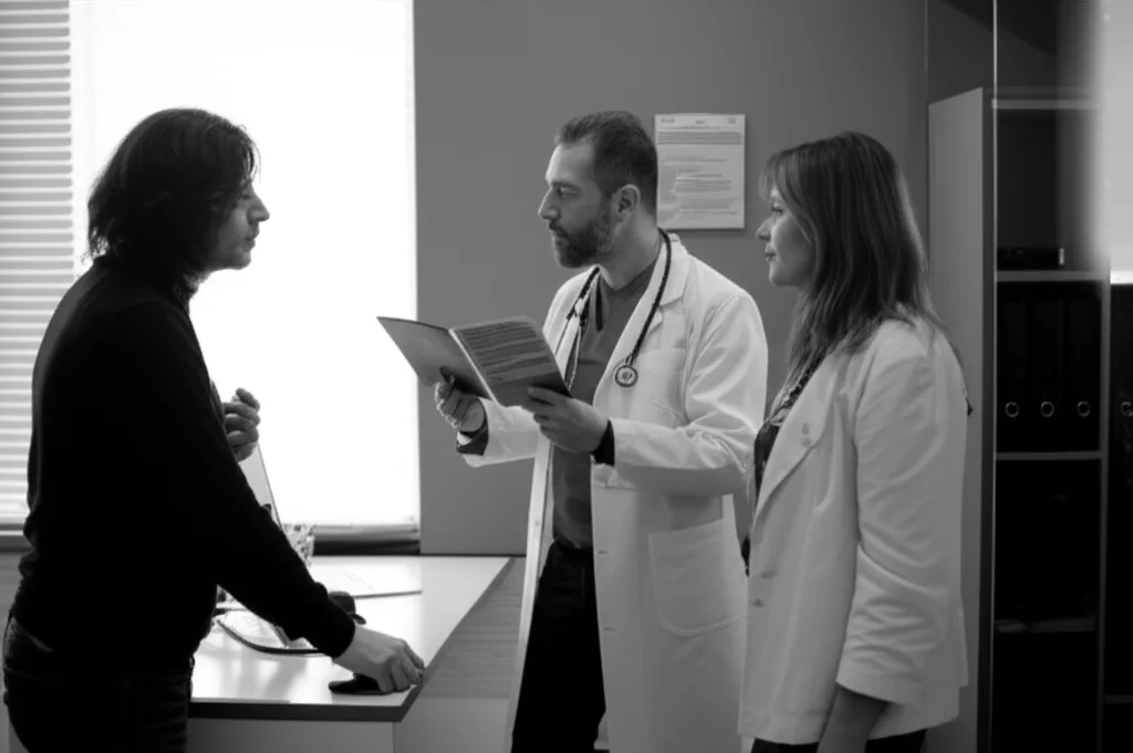 Due persone, un medico con camice bianco e un paziente, che parlano in uno studio medico luminoso e moderno, il medico indica un opuscolo informativo. Portrait photography, prime lens, 35mm, film noir style per dare un tocco di serietà e importanza al dialogo.