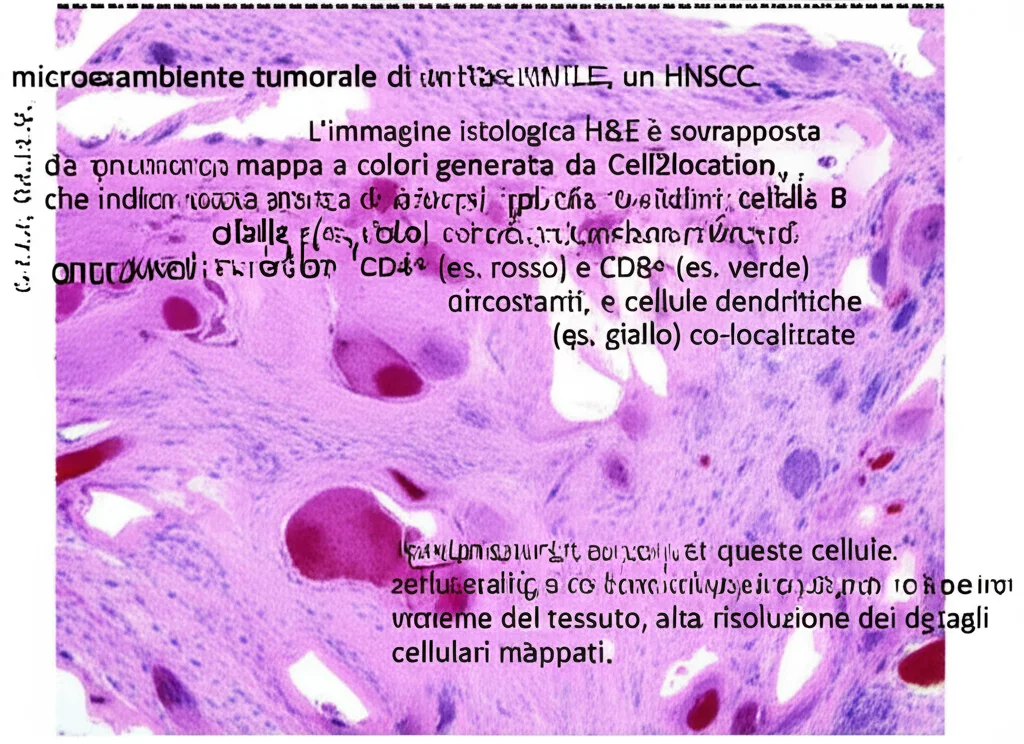 Visualizzazione tramite trascrittomica spaziale del microambiente tumorale di un HNSCC con mTLS. L'immagine istologica HeE è sovrapposta da una mappa a colori generata da Cell2location, che indica l'abbondanza stimata di diversi tipi cellulari: cellule B (es. blu) concentrate nel centro germinativo, cellule T CD4+ (es. rosso) e CD8+ (es. verde) circostanti, e cellule dendritiche (es. giallo) co-localizzate. Evidenziare la co-occorrenza di queste cellule. Obiettivo grandangolare, 10mm, per una visione d'insieme del tessuto, alta risoluzione dei dettagli cellulari mappati.