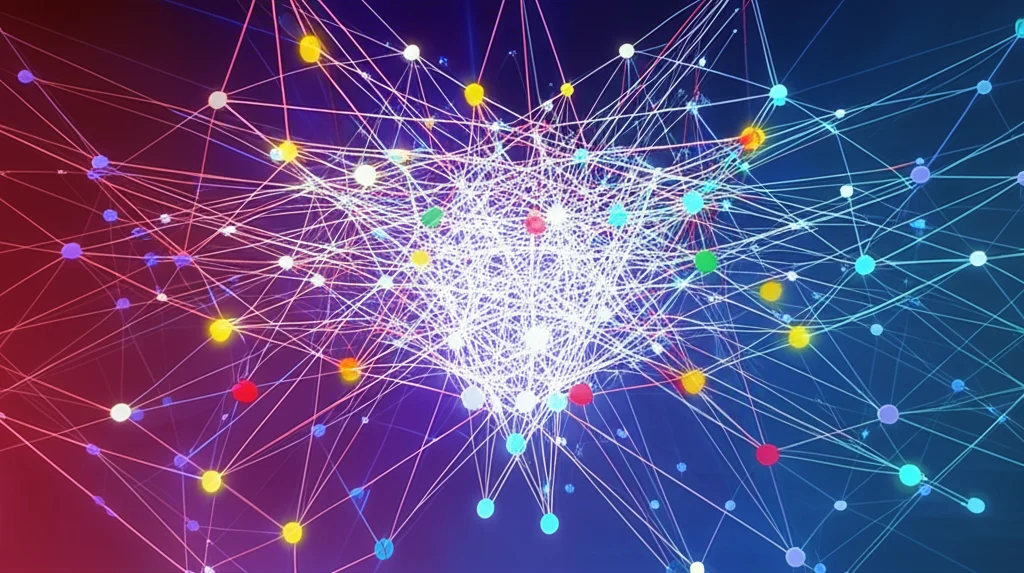 Un grafico concettuale che illustra l'effetto a cascata di una vulnerabilità in un sistema di online banking. Un singolo punto debole (magari evidenziato in rosso) che si propaga e impatta diverse aree interconnesse del sistema (mostrate come nodi che cambiano colore o stato). Scatto con obiettivo grandangolare da 20mm per includere l'intera rete, con un effetto di lunga esposizione per le connessioni che suggerisce il movimento e la propagazione rapida del rischio.