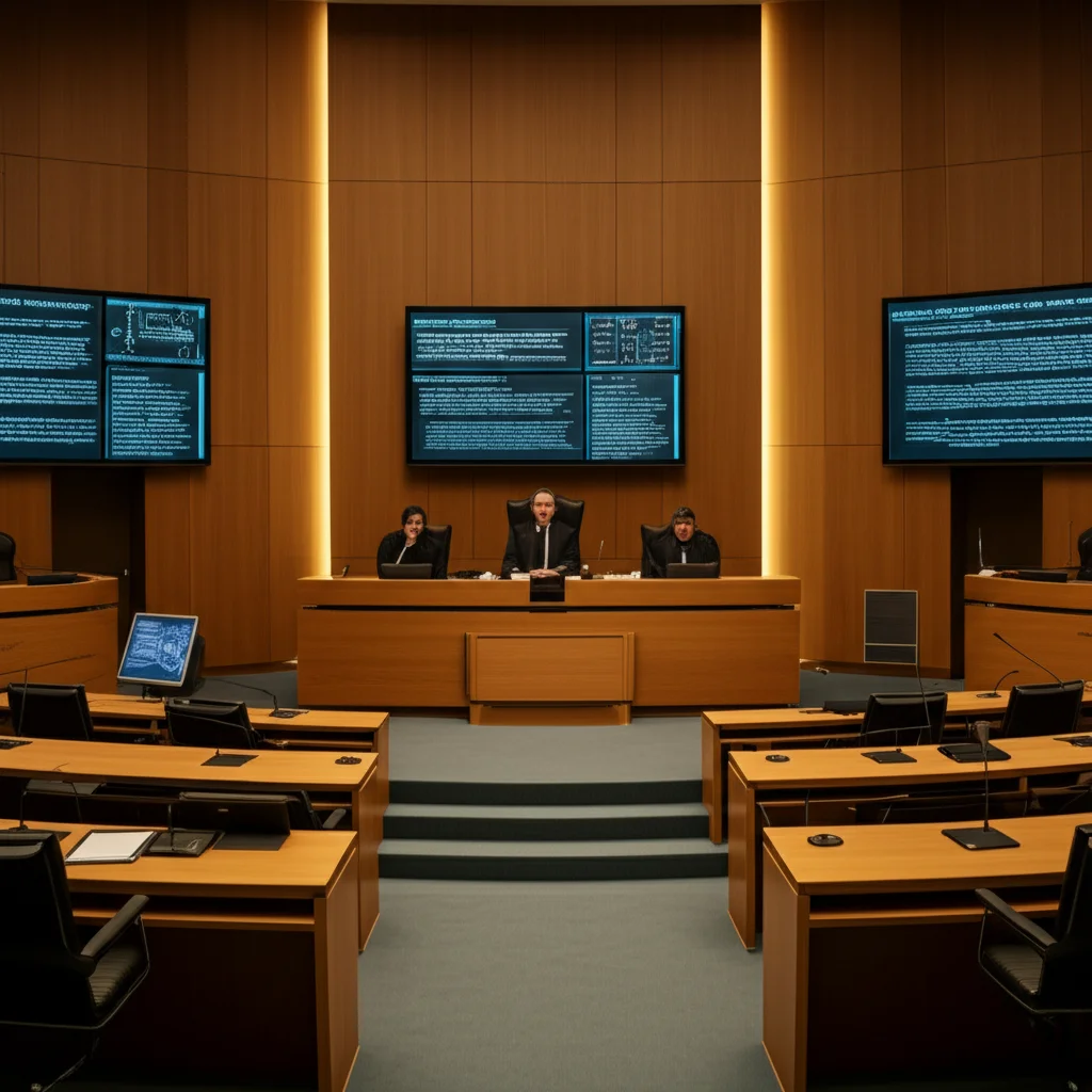 Un'aula di tribunale moderna e stilizzata, con schermi digitali che mostrano grafici di dati e testo. Al centro, un podio vuoto per il giudice. Ai lati, due podi per accusa e difesa, anch'essi con schermi. L'illuminazione è controllata, focalizzata sui podi. Obiettivo prime, 35mm, profondità di campo per mettere a fuoco l'aula ma sfocare leggermente lo sfondo.