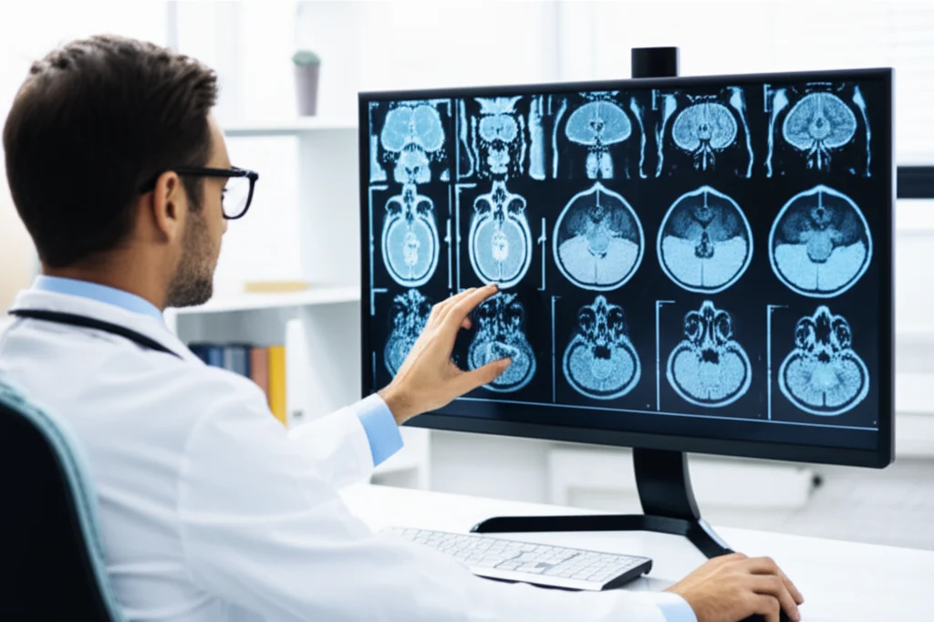 Un medico che osserva attentamente uno schermo ad alta definizione che mostra una serie di immagini mediche, come radiografie polmonari e scansioni MRI cerebrali, con sovrapposizioni digitali di un'intelligenza artificiale che evidenzia potenziali anomalie. L'ambiente è uno studio medico moderno e luminoso. Obiettivo prime, 35mm, profondità di campo per mantenere a fuoco sia il medico che lo schermo, illuminazione naturale.