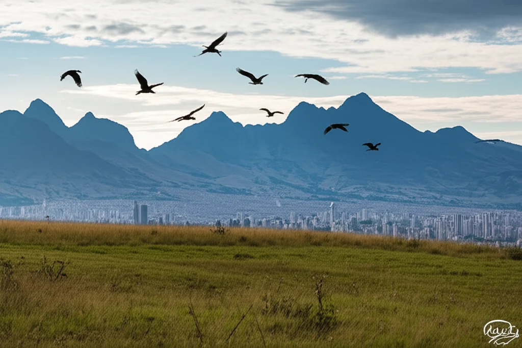Un paesaggio della Savana di Bogotà, Colombia, con montagne sullo sfondo e alcuni uccelli in volo. Wide-angle, 15mm, long exposure per nuvole setose, sharp focus sul paesaggio.