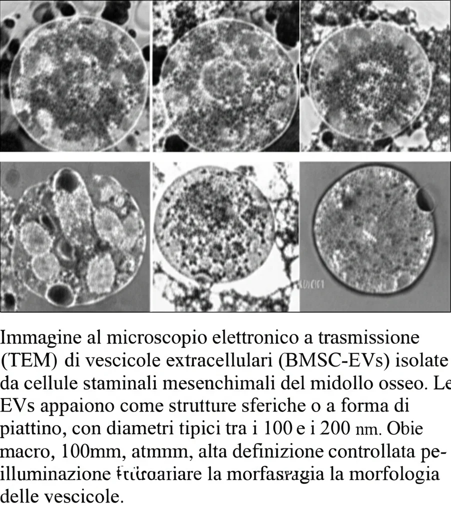 Immagine al microscopio elettronico a trasmissione (TEM) di vescicole extracellulari (BMSC-EVs) isolate da cellule staminali mesenchimali del midollo osseo. Le EVs appaiono come strutture sferiche o a forma di piattino, con diametri tipici tra i 100 e i 200 nm. Obiettivo macro, 100mm, alta definizione, illuminazione controllata per evidenziare la morfologia delle vescicole. Sfondo scuro per risaltare le vescicole.
