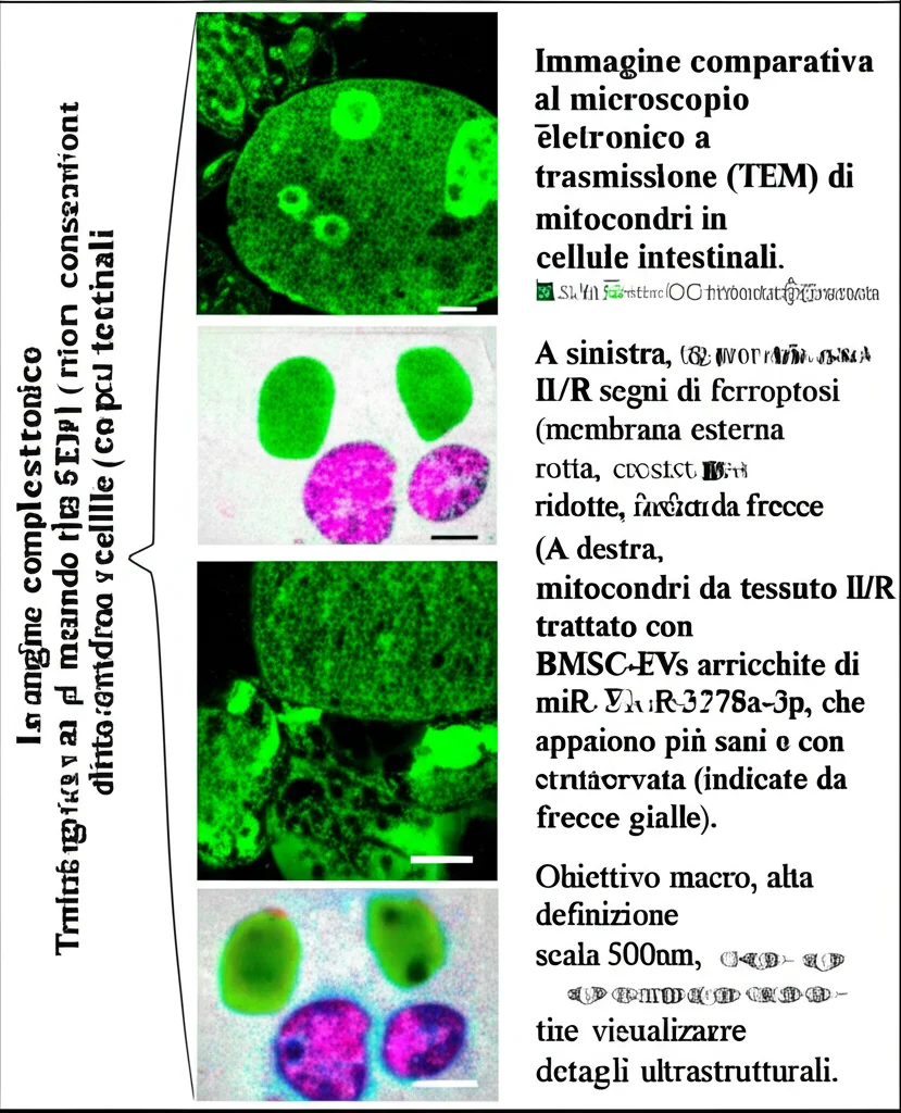 Immagine comparativa al microscopio elettronico a trasmissione (TEM) di mitocondri in cellule intestinali. A sinistra, mitocondri da tessuto II/R con segni di ferroptosi (membrana esterna rotta, creste ridotte, indicate da frecce rosse). A destra, mitocondri da tessuto II/R trattato con BMSC-EVs arricchite di miR-378a-3p, che appaiono più sani e con struttura conservata (indicate da frecce gialle). Obiettivo macro, alta definizione, scala 500nm, per visualizzare dettagli ultrastrutturali.