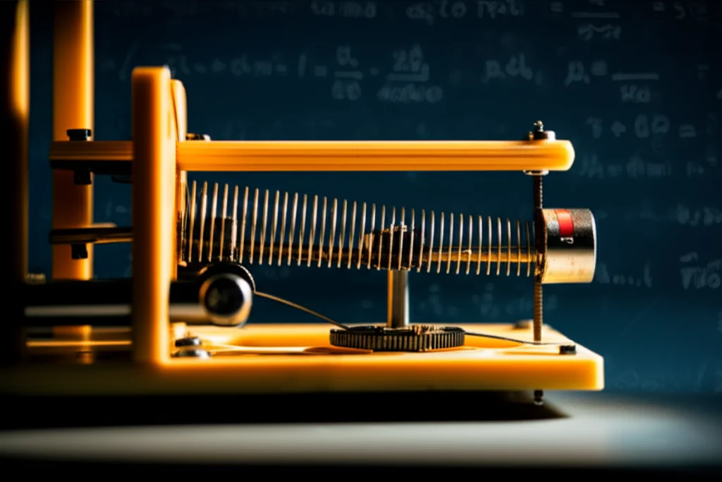 Macro fotografia, 60mm lens, di un modello in scala di un oscillatore meccanico con molle e ingranaggi visibili, illuminato da un fascio di luce che simula un impulso. Sullo sfondo, equazioni frazionarie sfocate. High detail, precise focusing, controlled lighting.