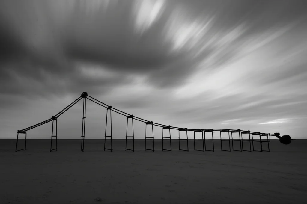 A gran angolo angolo da 10 mm, fotografia paesaggistica di una serie di oscillatori meccanici stilizzati interconnessi che si estendono in lontananza sotto un cielo drammatico. Ogni oscillatore mostra una fase di movimento leggermente diversa e le linee deboli li collegano, simboleggiando gli effetti della memoria. Times di esposizione lunghi, focalizzati acuti sull'oscillatore in primo piano.