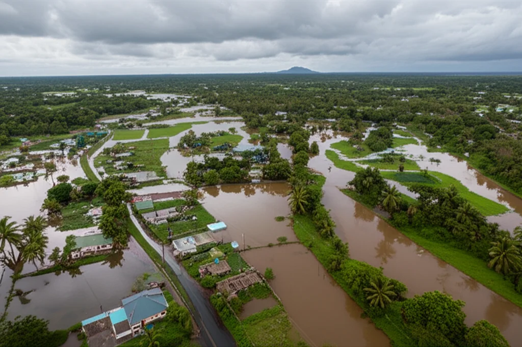 Fotografia aerea di un fiume esondato nelle Fiji che invade i campi coltivati e si avvicina a piccole abitazioni, cielo coperto e piovoso, obiettivo grandangolare 20mm, alta definizione, luce diffusa tipica di una giornata uggiosa, per evidenziare l'estensione del disastro.