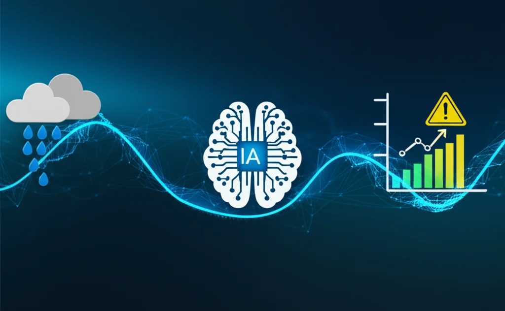 Infografica stilizzata che mostra il flusso di dati da sensori di pioggia (nuvoletta con gocce) verso un cervello digitale (simbolo di IA/CNN-GRU) che elabora e produce un grafico di previsione del rischio inondazione con un'icona di allerta, colori vivaci su sfondo tecnologico, alta definizione.