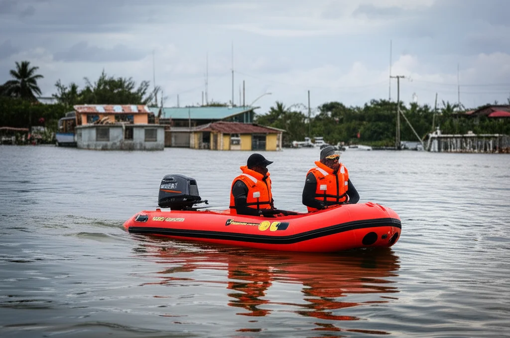 Team di soccorritori che aiuta la popolazione a evacuare un'area delle Fiji durante un'allerta inondazione, con gommoni e giubbotti di salvataggio, sfondo di case parzialmente allagate, obiettivo prime 50mm, stile reportage, luce naturale filtrata dalle nuvole.