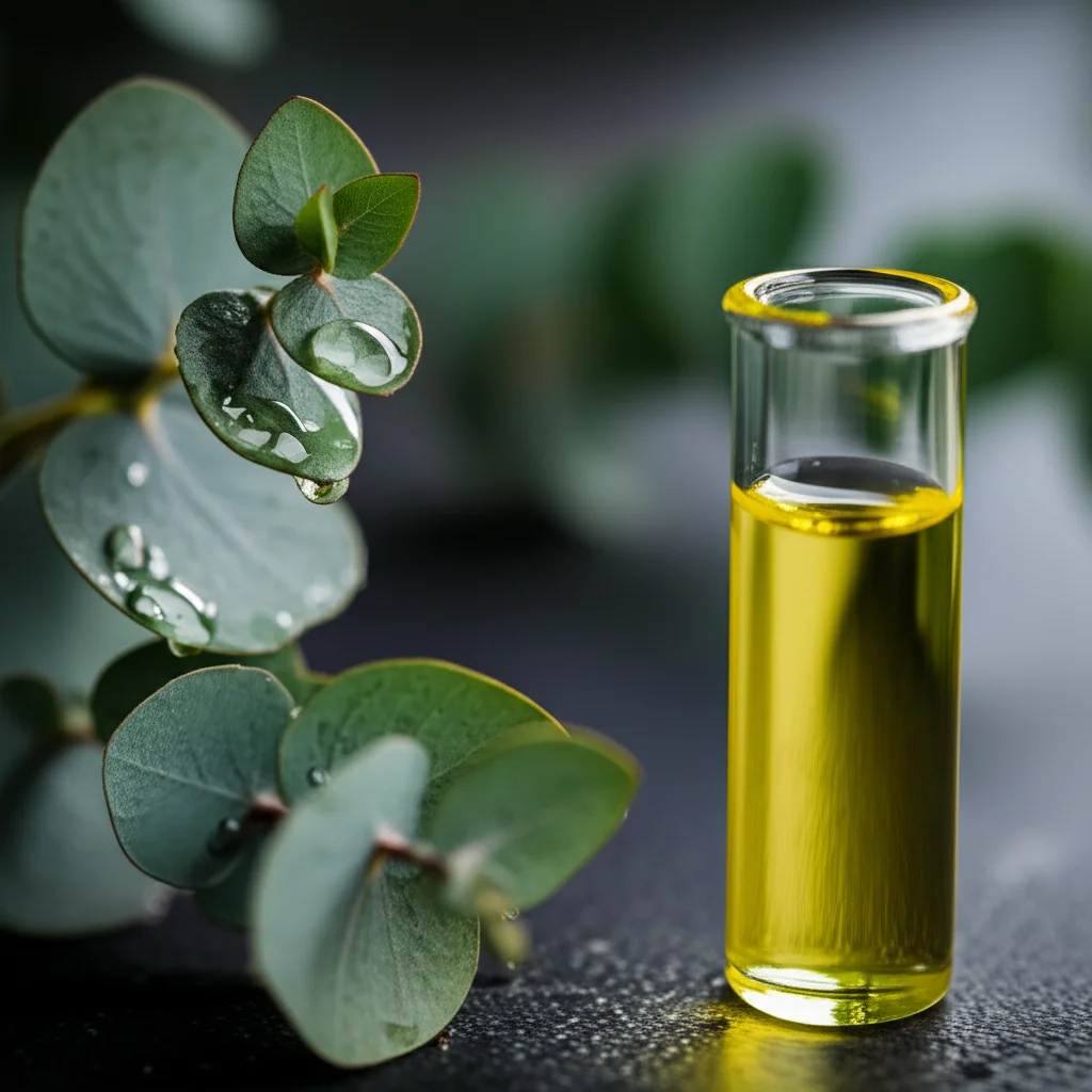 Foglie di Eucalyptus globulus fresche e aromatiche con goccioline di olio essenziale visibili, accanto a una provetta da laboratorio contenente l'olio estratto. Macro lens, 60mm, high detail, precise focusing, controlled lighting, sfondo neutro per evidenziare la purezza dell'olio.