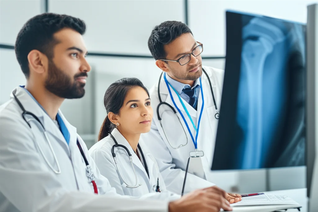 Immagine fotorealistica di un team medico multietnico in India che analizza attentamente i risultati di una scansione DXA su un monitor ad alta definizione in un moderno laboratorio diagnostico. Obiettivo prime 35mm, profondità di campo, luce naturale soffusa che illumina i volti concentrati.