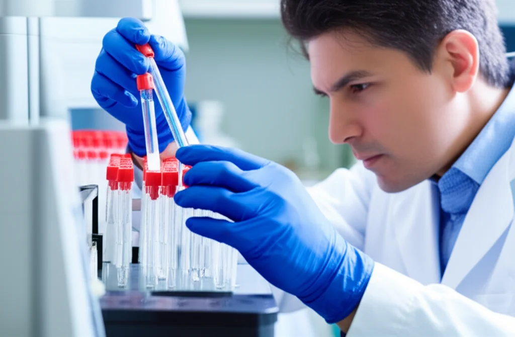 Scienziato in laboratorio che analizza campioni di sangue per biomarcatori, profondità di campo, obiettivo prime 50mm, illuminazione da laboratorio controllata, focus sui tubi di saggio e strumentazione ELISA.