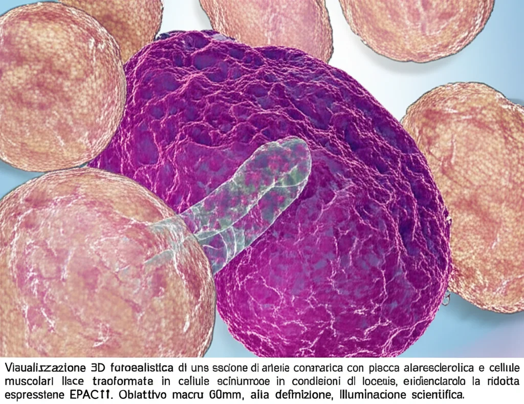 Visualizzazione 3D fotorealistica di una sezione di arteria coronarica con placca aterosclerotica e cellule muscolari lisce trasformate in cellule schiumose in condizioni di ipossia, evidenziando la ridotta espressione della proteina EPAC1. Obiettivo macro 60mm, alta definizione, illuminazione scientifica.
