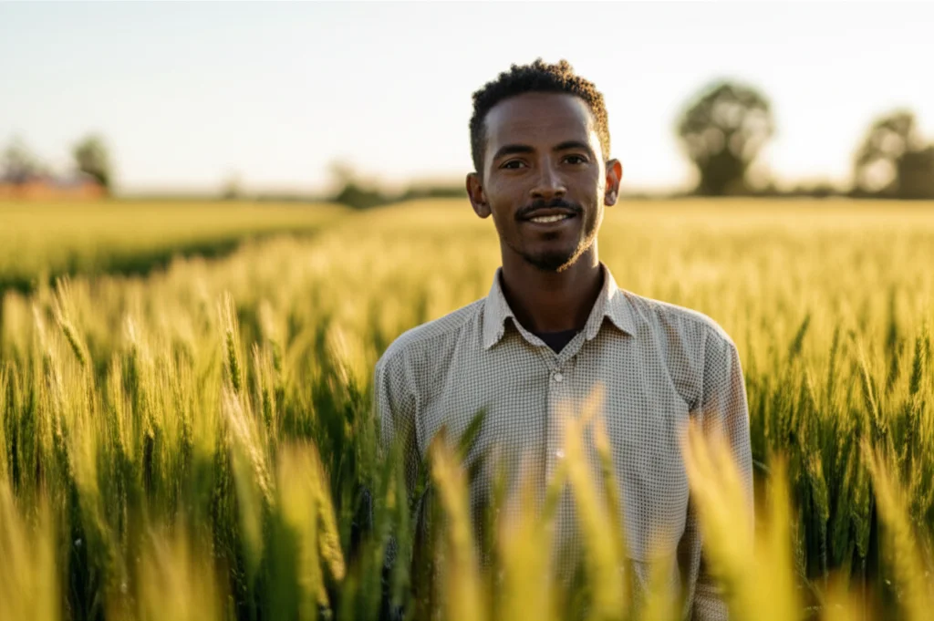 Un agricoltore etiope sorridente in un rigoglioso campo di grano maturo, il sole al tramonto crea un bagliore dorato. Lente teleobiettivo zoom 100mm, effetto bokeh sullo sfondo, focus sull'espressione dell'agricoltore e sulle spighe di grano, per trasmettere successo e soddisfazione.