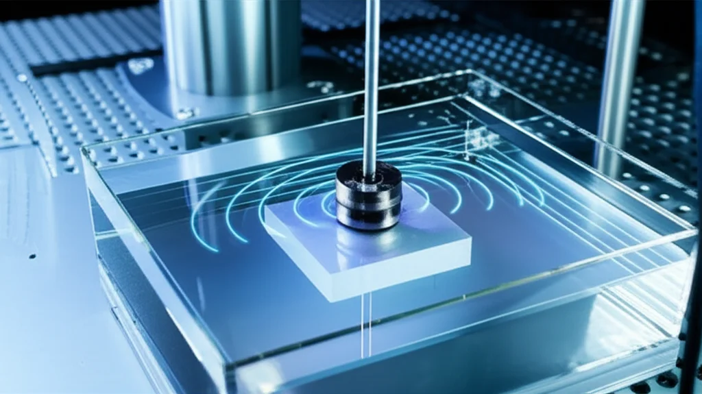 Fotografia di un setup di test ultrasonico a immersione, con un trasduttore piezoelettrico focalizzato che emette onde sonore verso un campione di nanocomposito, visualizzazione stilizzata delle onde che si propagano e si riflettono, obiettivo prime 35mm, illuminazione da laboratorio precisa, resa fotorealistica.