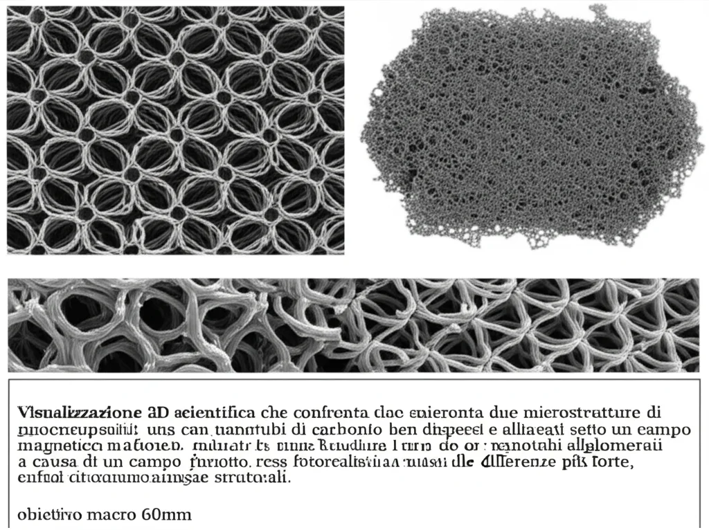 Visualizzazione 3D scientifica che confronta due microstrutture di nanocompositi: una con nanotubi di carbonio ben dispersi e allineati sotto un campo magnetico moderato, l'altra con nanotubi agglomerati a causa di un campo magnetico più forte, resa fotorealistica con enfasi sulle differenze strutturali, obiettivo macro 60mm.