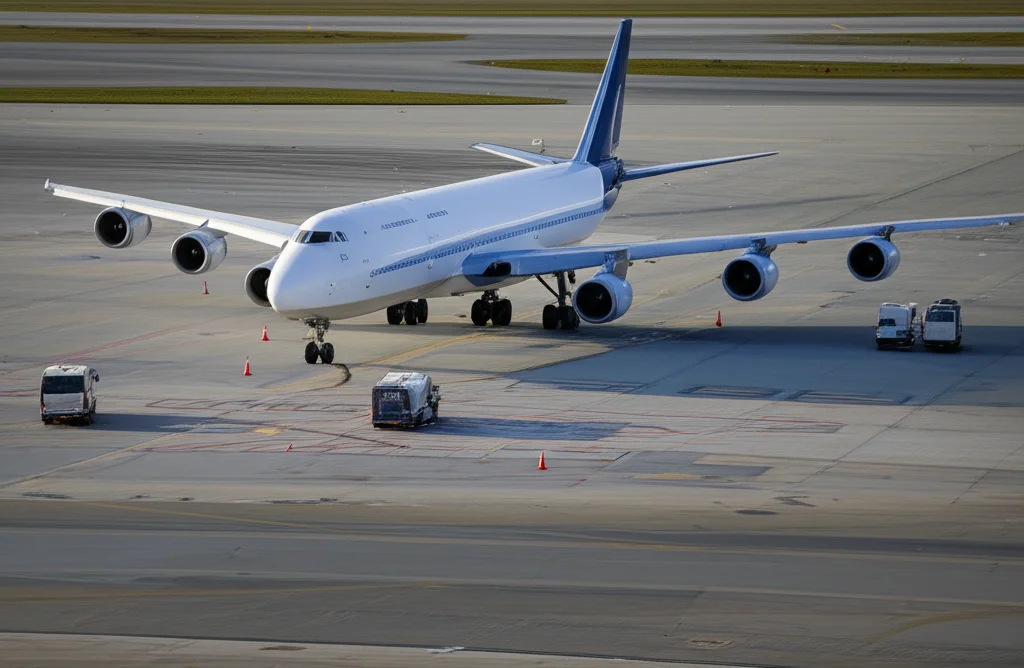 Un incrocio sulla superficie di un aeroporto molto trafficato, un aereo passeggeri di grandi dimensioni rulla verso la pista mentre un veicolo di servizio, come un camion per il catering, si avvicina all'incrocio. La scena è illuminata dalla luce del tardo pomeriggio, creando lunghe ombre. Prospettiva aerea leggermente angolata per mostrare la complessità del layout. Telephoto zoom, 200mm, fast shutter speed per congelare il movimento, action tracking.