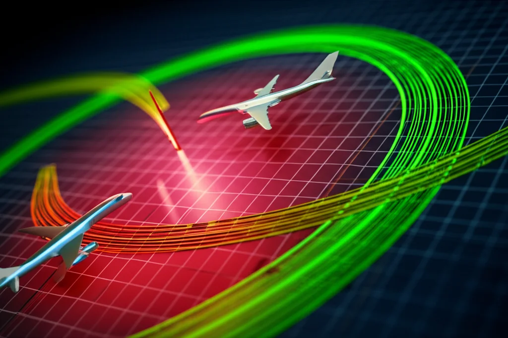 Una visualizzazione 3D astratta che mostra le traiettorie di un aereo e di un veicolo di servizio che si intersecano in un'area di conflitto evidenziata in rosso prima dell'applicazione di una strategia, e poi le stesse traiettorie che si evitano fluidamente (in verde) dopo l'applicazione della strategia FCFS. Lo sfondo è una griglia high-tech. Macro lens, 60mm, high detail, precise focusing, controlled lighting con enfasi sulle linee di traiettoria.