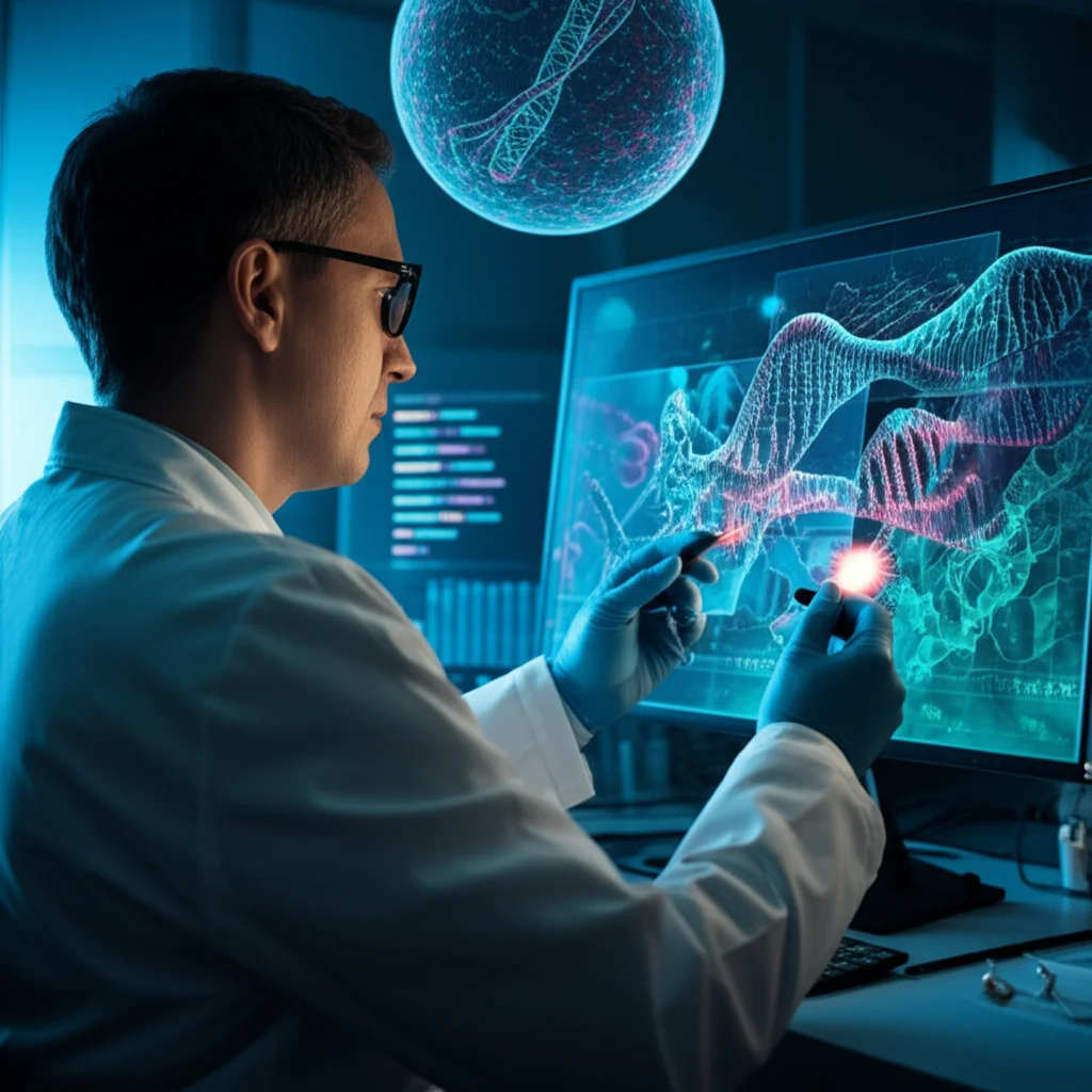 Illustrazione concettuale di un ricercatore che osserva un modello 3D del gene CSAG1 su uno schermo futuristico, mentre sullo sfondo si vedono grafici di dati genomici e rappresentazioni stilizzate di cellule di condrosarcoma. Prime lens, 35mm, film noir style con forti contrasti e ombre, per un'atmosfera investigativa e scientifica.