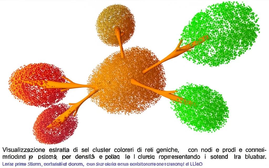Visualizzazione astratta di sei cluster colorati di reti geniche, con nodi e connessioni che differiscono per densità e pattern tra i cluster, rappresentando i sottotipi di LUAD. Lente prime 35mm, profondità di campo, duotono viola e verde, illuminazione controllata per evidenziare le differenze strutturali.