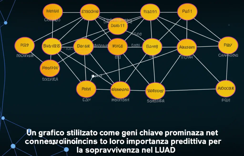 Un grafico stilizzato che mostra 12 geni chiave come nodi prominenti in una rete, con connessioni che indicano la loro importanza predittiva per la sopravvivenza nel LUAD. Lente macro 100mm, alta definizione, illuminazione controllata per far risaltare i geni, sfondo scuro.