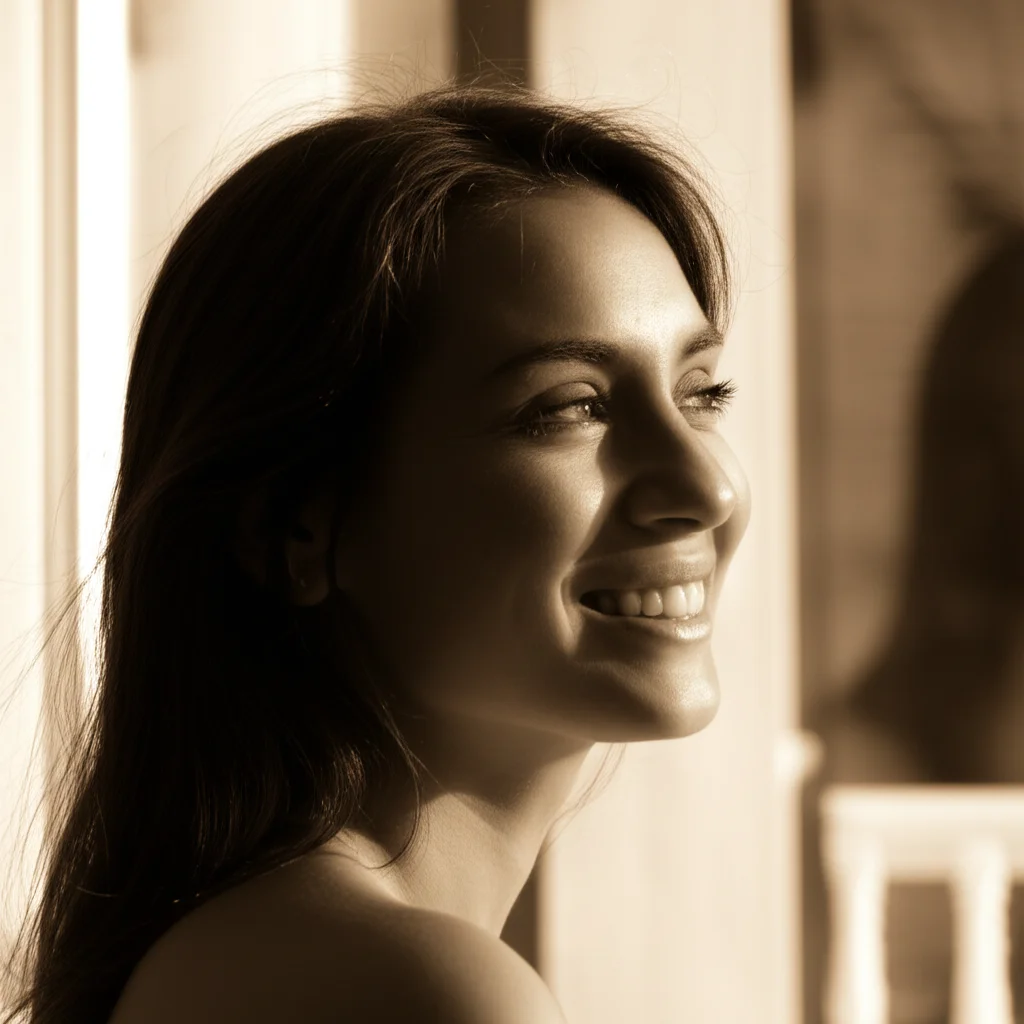 Una donna sorridente che guarda fuori dalla finestra al mattino, simbolo di un sonno ristoratore. Luce calda del sole. Portrait photography, 35mm, duotone seppia e crema, profondità di campo.